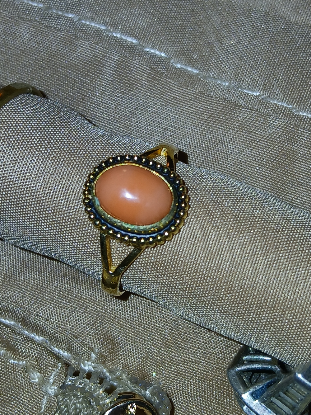 18k Gold Over 925 Coral Vintage Cobochan Ring